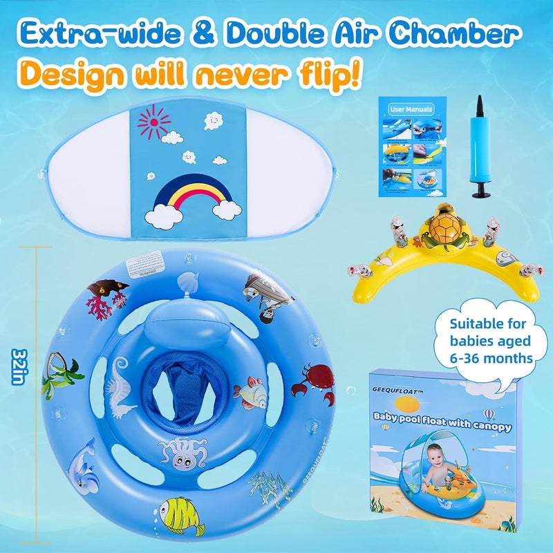 GEEQUFLOAT Baby Pool Float,Extra Wide Infant Pool Float,Baby Floaties 6-12 Months,Toddler Swim Float with Canopy Removable UPF50+ Sun Protection＆Toy Play Console,Adjustable Safety Seat,Toddler Floaties (Blue) - Image 5